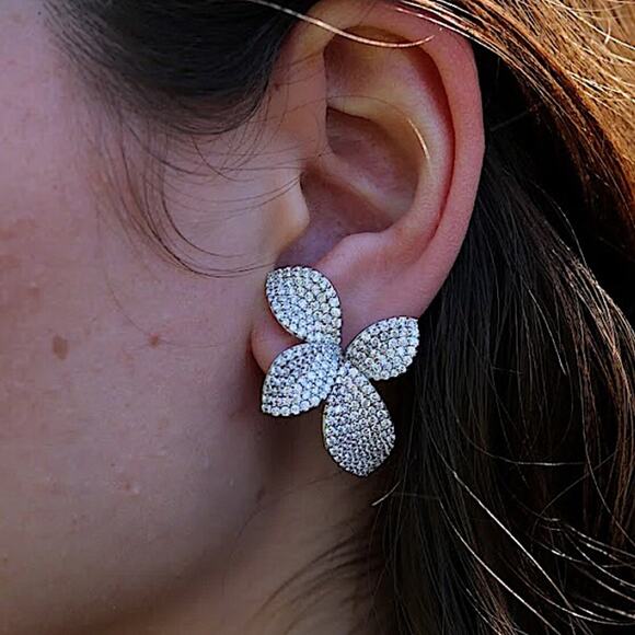 Silver Zircon Flower Pave Earrings Floral Luxury - Picture 1 of 4